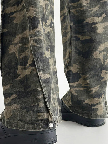 UCXQ Pantalones de camuflaje de estilo coreano otoño invierno para mujer, jeans de pierna ancha de cintura alta con bolsillos, pantalones sueltos que combinan con todo 23Z484