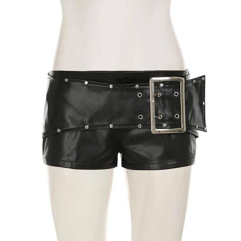 Rivet Buckle Belt Low Waist Leather Shorts