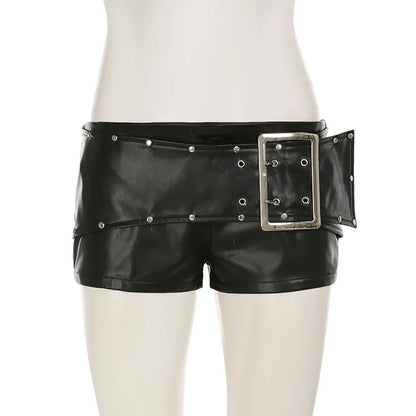 Rivet Buckle Belt Low Waist Leather Shorts