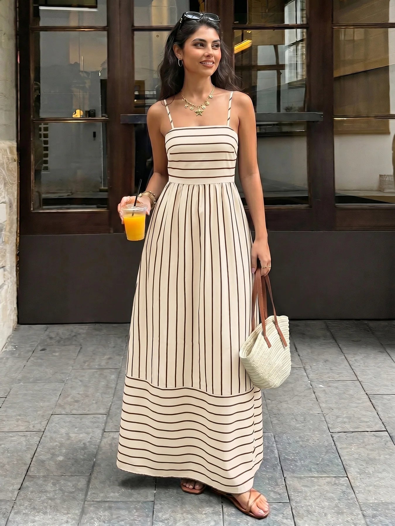 Striped Backless Loose Beach Dress