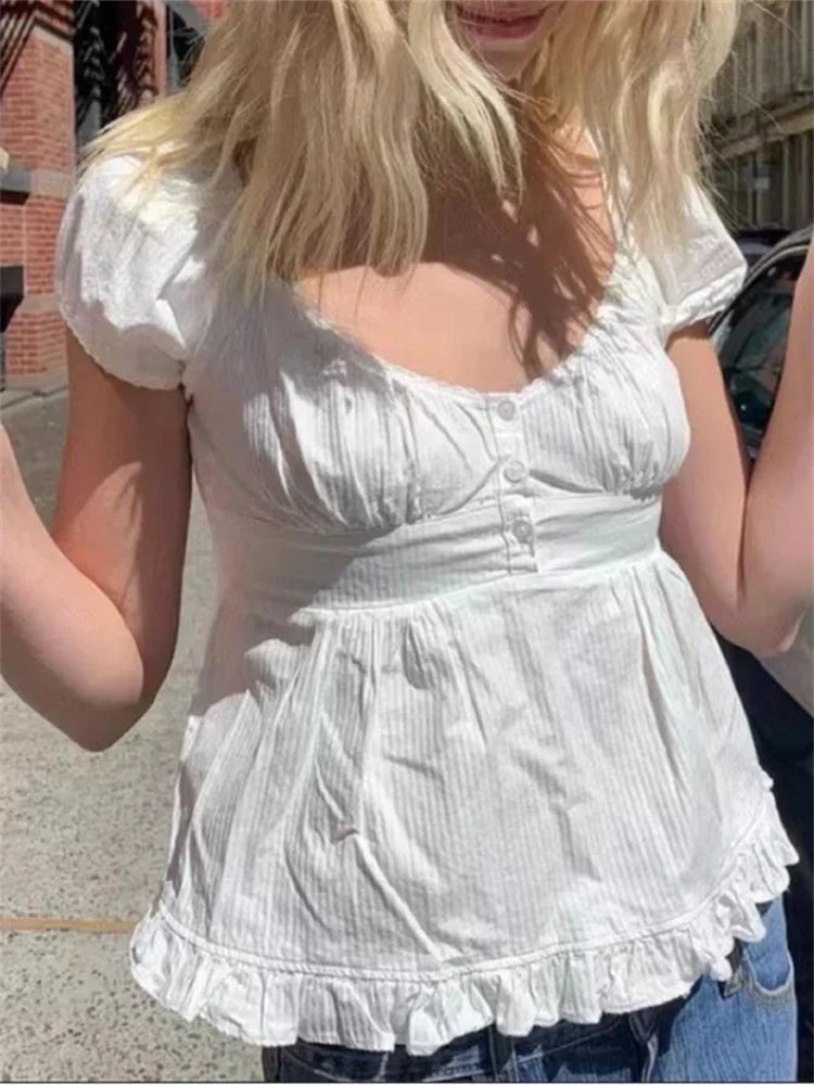 Puff Short Sleeve Square Neck Ruffle Shirt