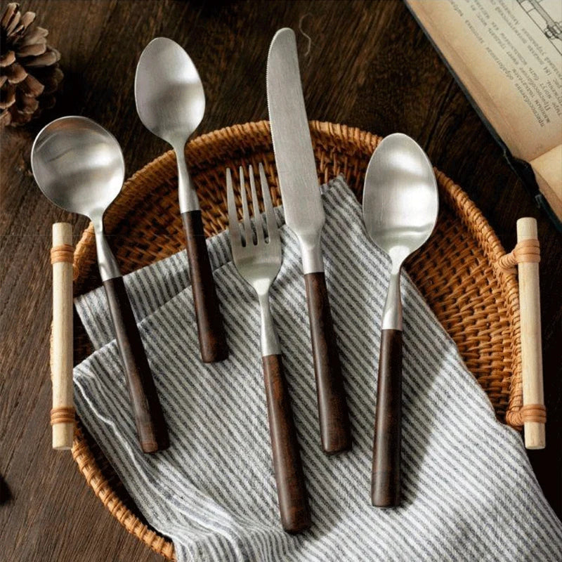 Retro Wooden Handle Dinner Knife Fork and Spoon Set