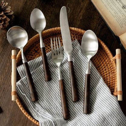 Retro Wooden Handle Dinner Knife Fork and Spoon Set