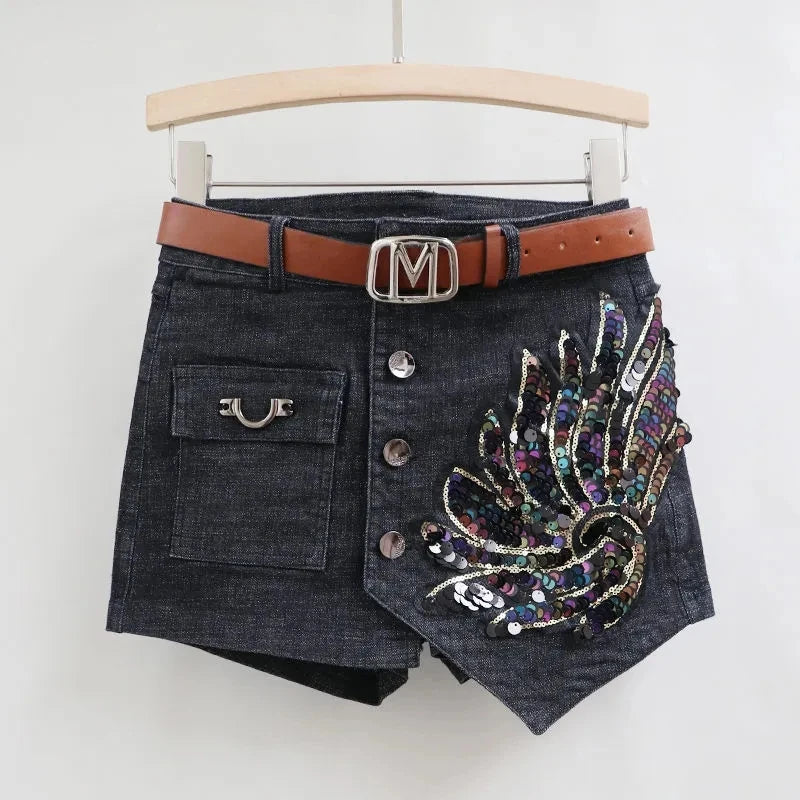 Sequin Denim Short Skirt
