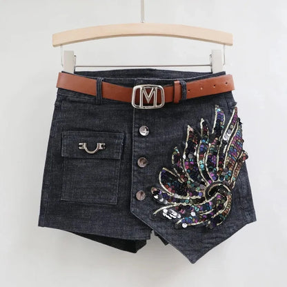 Sequin Denim Short Skirt