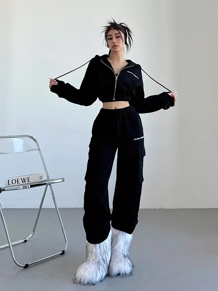 Short Zipper Sweatshirt Large Pocket Wide Leg Pants Set