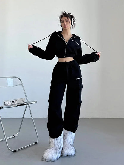Short Zipper Sweatshirt Large Pocket Wide Leg Pants Set