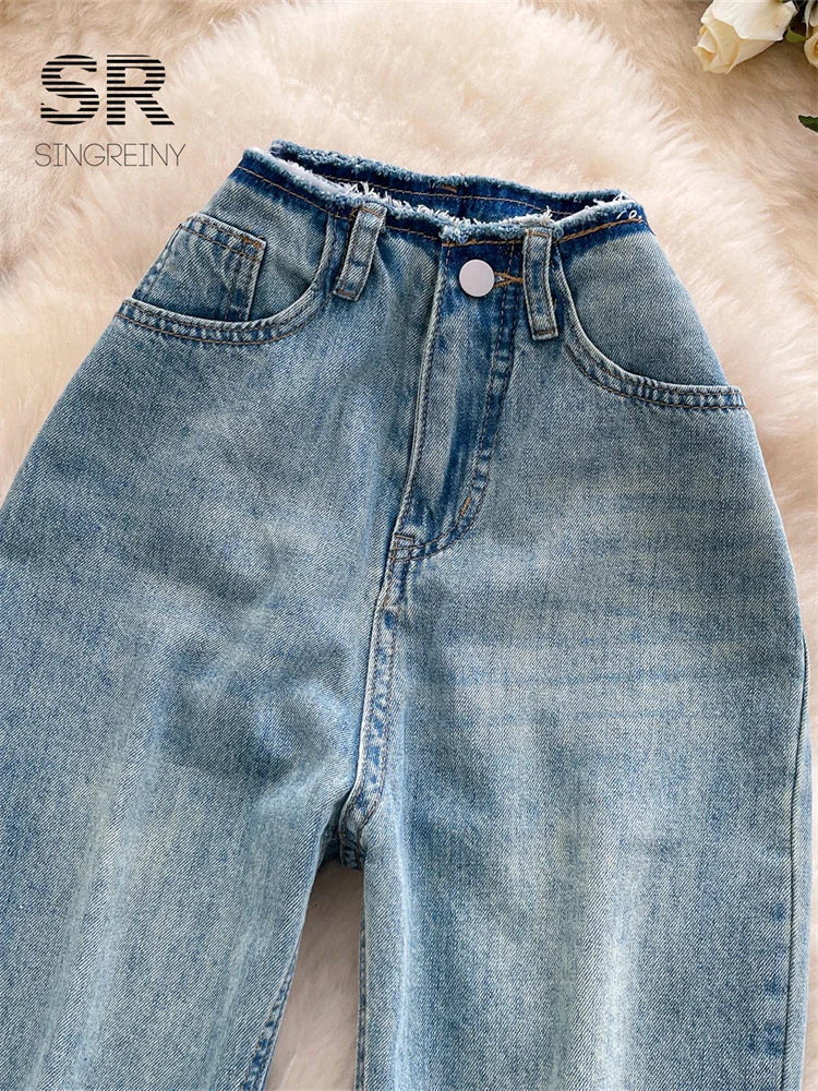 SINGREINY Pantalones vaqueros de moda estilo coreano para otoño de 2025, cintura alta, básicos, empalmados, casuales, pantalones largos, vaqueros lavados vintage sencillos