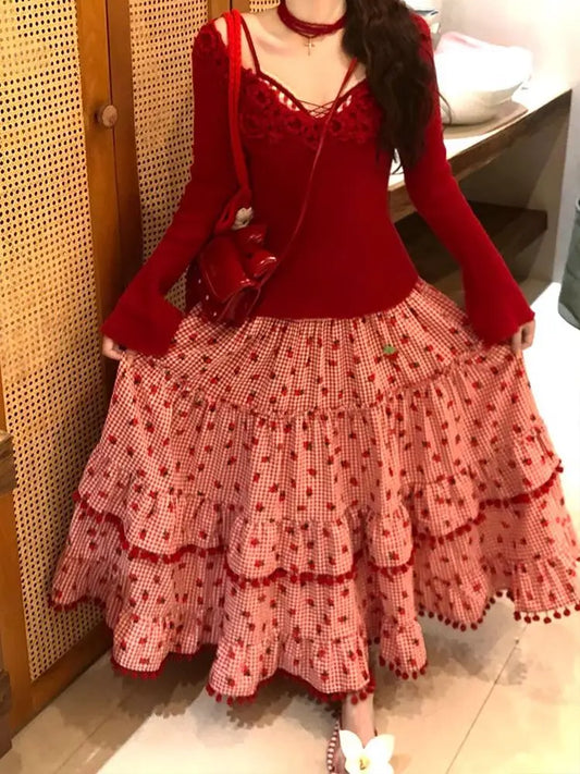 Strawberry Ruffles Plaid Long Skirt