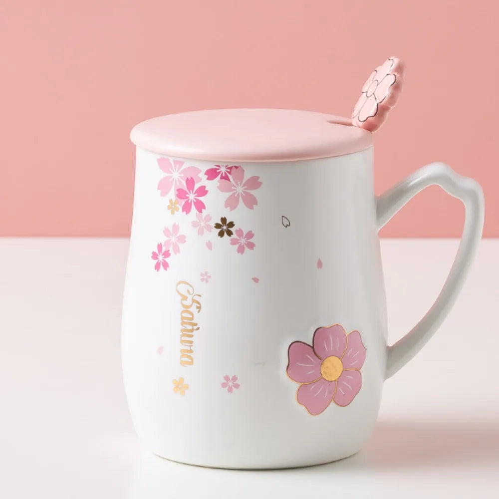 Cherry Blossom Ceramic Mug With Lid & Spoon