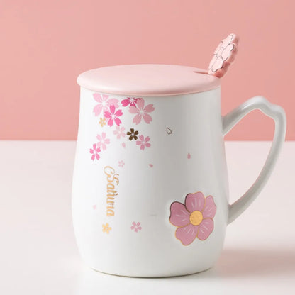 Cherry Blossom Ceramic Mug With Lid & Spoon
