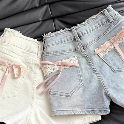 Pantalones cortos de mezclilla MEXZT Kawaii con lazo para mujer, vaqueros cortos de encaje blanco Cutecore, moda de verano, ropa urbana coreana, pantalones cortos de cintura alta.