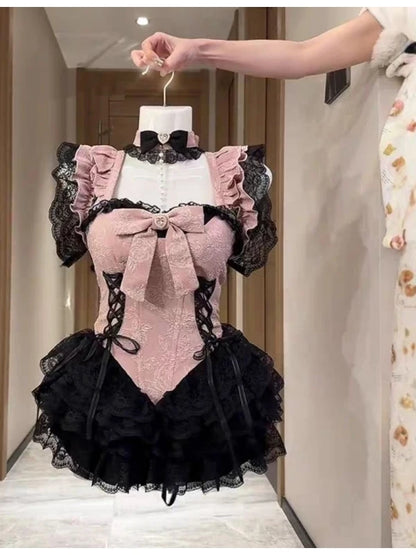Embroidery Lace Splicing Waist Cinching Puffy Dress