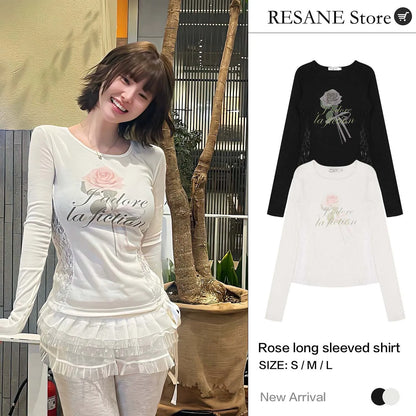 Rose Print Lace-paneled Long Sleeve O-neck T-Shirt