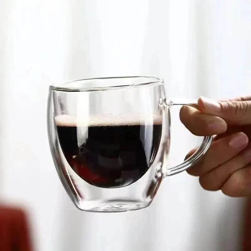 Double Wall Transparent Glass Coffee Cup with Handle