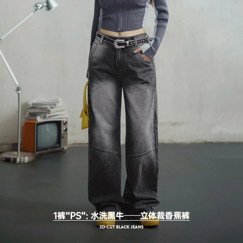 Maden Jeans Negros 3D-Cut para Mujer, de Tiro Medio, Pantalones Rectos, Temporada de Primavera y Otoño, Pantalones Casuales, Jeans de Moda Urbana