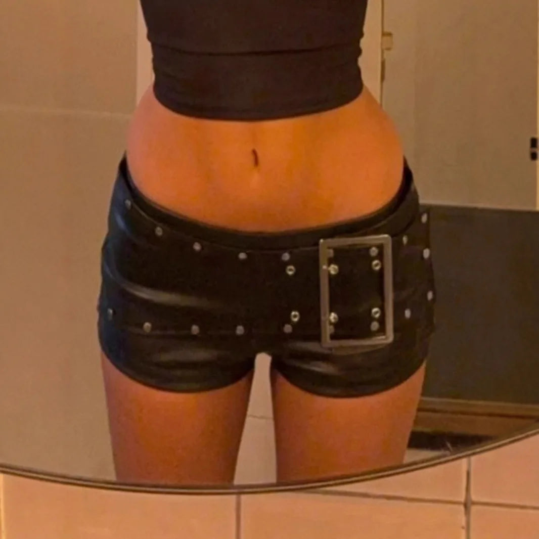 Rivet Buckle Belt Low Waist Leather Shorts