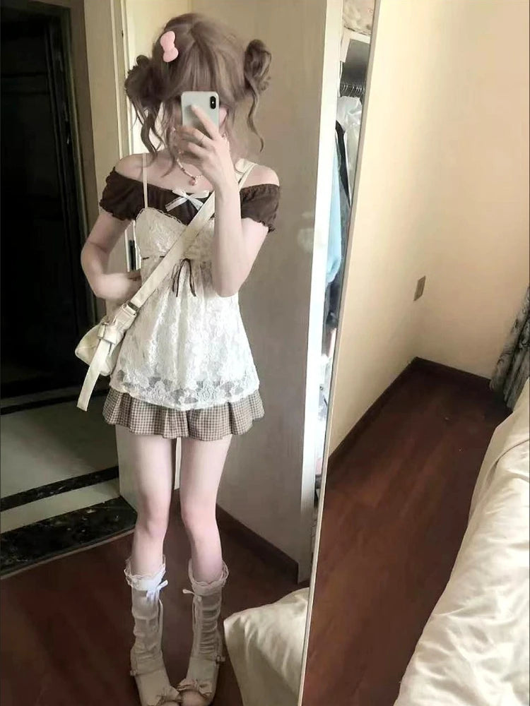 Conjunto de tres piezas de camisola de encaje y manga corta