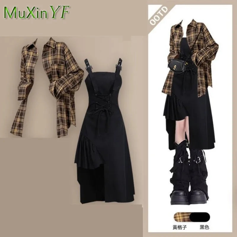 Plaid Shirt + Irregular Dress Set