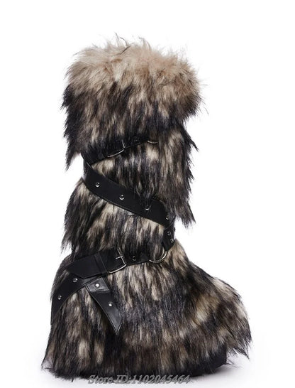 Fur Strappy Knee High Boots