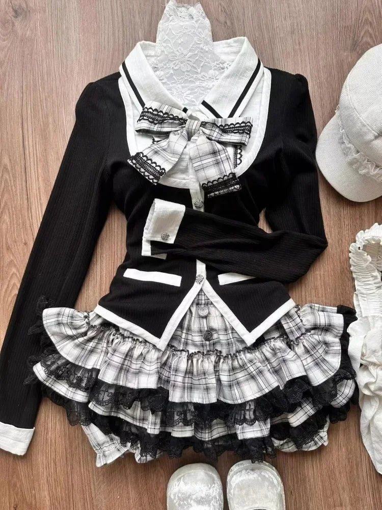 Conjunto de Cárdigan Tejido con Lazo y Minifalda Escocesa con Volantes