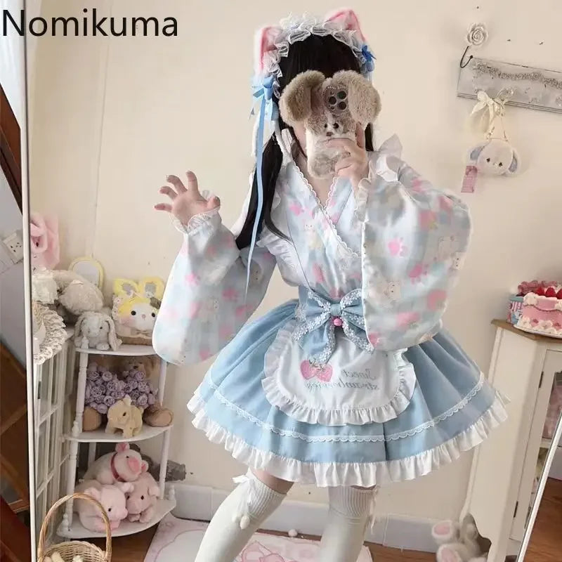 Conjunto de Blusa con Volantes y Mangas Acampanadas y Falda A-line de Talle Alto