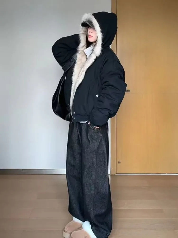 Abrigo Otoño Nuevo Elegante Forro de Piel Holgado Mujer Y2k Cuello de Piel con Capucha Parkas Gruesas de Moda Abrigo Casual Chaquetas Acolchadas de Algodón