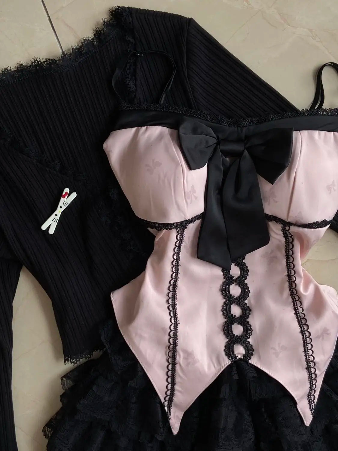 Abrigo con diseño de lazo de encaje + Conjunto de falda chic de tiro alto