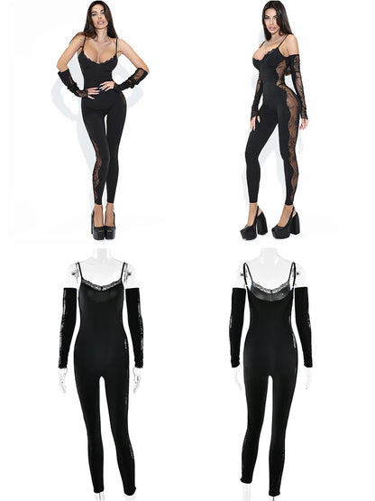Long Sleeve Lace Patchwork Square Collar Bodycon Jumpsuit