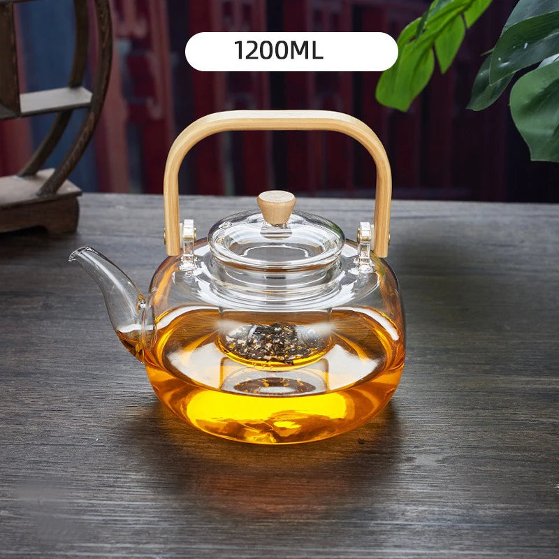High Borosilicate Glass Chinese Tea Ceremony Clear Teapot with Filter Wood Handle