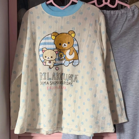 Camiseta Suelta de Manga Larga con Oso de Dibujos Animados y Lunares