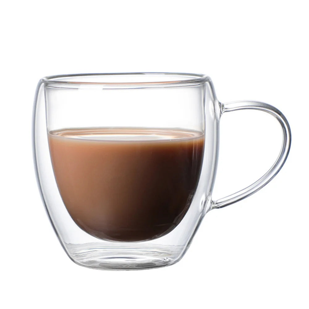 Double Wall Transparent Glass Coffee Cup with Handle