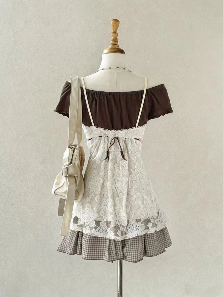 Conjunto de tres piezas de camisola de encaje y manga corta