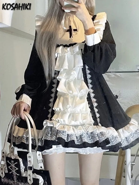Vestido de hada con volantes, manga larga, dulce, Kawaii Lolita, de encaje, patchwork, estilo Y2k estético, de gala, color contrastante, túnica para mujer