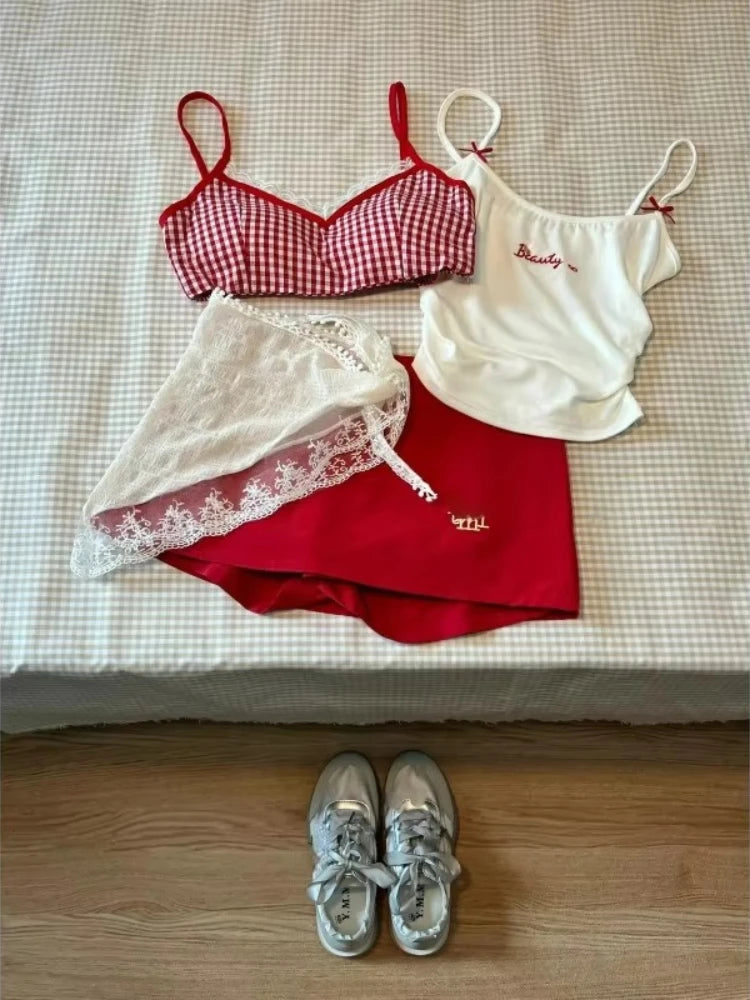 Conjunto de Top Elástico de Cuadros con Escote de Pico y Pantalones Cortos Informales con Lazo