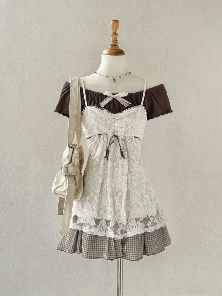 Conjunto de tres piezas de camisola de encaje y manga corta