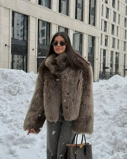 Chaqueta corta de piel suelta de moda para mujer, elegante cuello levantado, abrigos gruesos de un solo botón, chaquetas diarias de calle alta para dama 2025