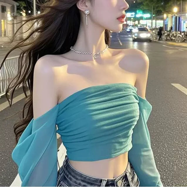 line shoulder mesh long sleeve T-shirt
