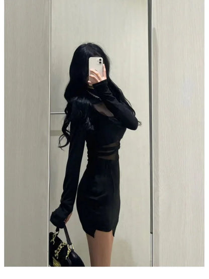 Mangas Abullonadas Nuevo Sexy Vestido Negro con Espina de Pescado Vestido Delgado Personalizado para Mujer Gasa Fina Transparente con Drapeado en los Glúteos F8Q3