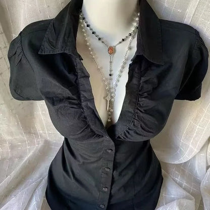 Short Sleeve Slim Fit Button Up Blouse