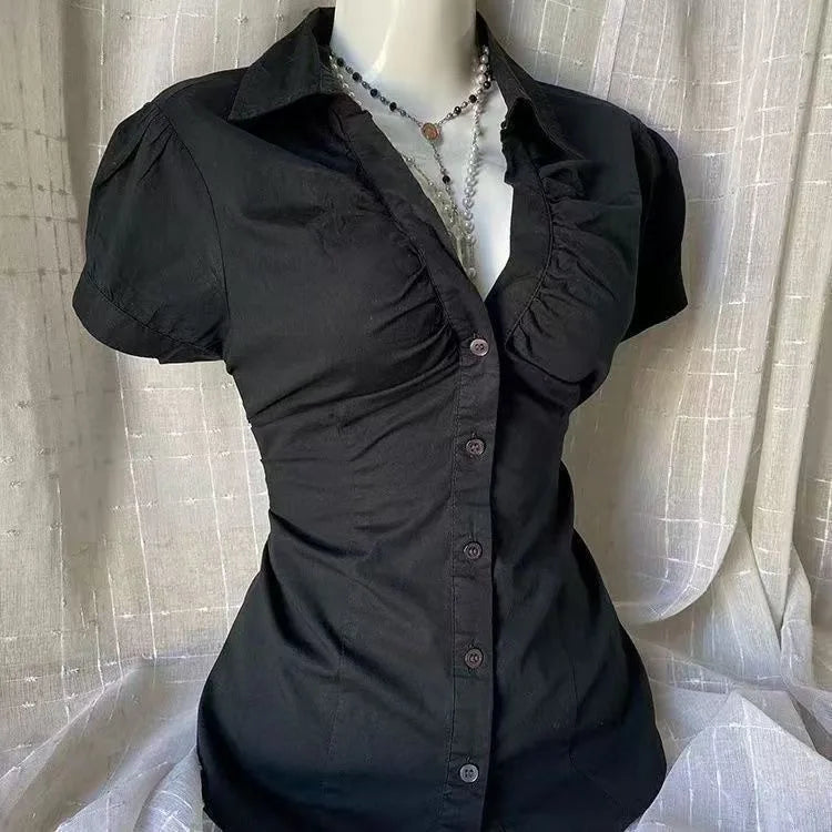 Short Sleeve Slim Fit Button Up Blouse