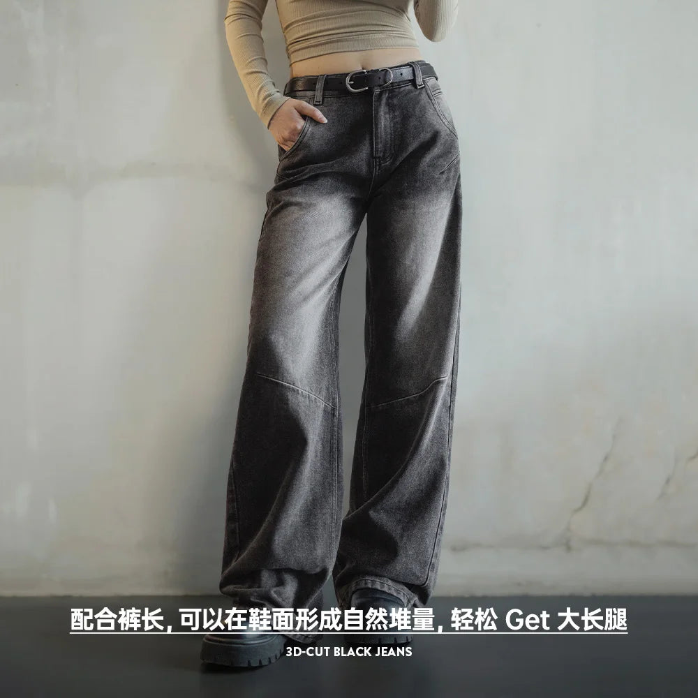 Maden Jeans Negros 3D-Cut para Mujer, de Tiro Medio, Pantalones Rectos, Temporada de Primavera y Otoño, Pantalones Casuales, Jeans de Moda Urbana