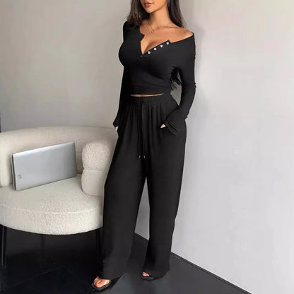 Traje informal de dos piezas para mujer: top de manga larga con botones de color liso y pantalones de pierna ancha con bolsillos y cordón, para primavera/verano.