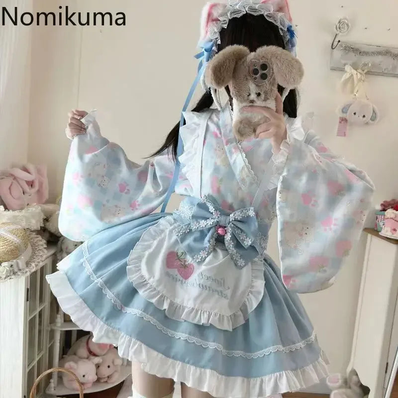 Conjunto de Blusa con Volantes y Mangas Acampanadas y Falda A-line de Talle Alto