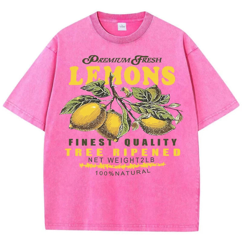 Camisetas lavadas de talla grande con estampado de limones frescos de primera calidad para mujer, camiseta holgada de manga corta cómoda Y2K de algodón que combina con todo