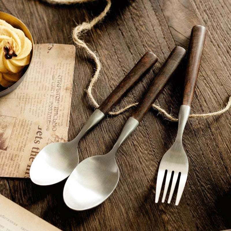 Retro Wooden Handle Dinner Knife Fork and Spoon Set