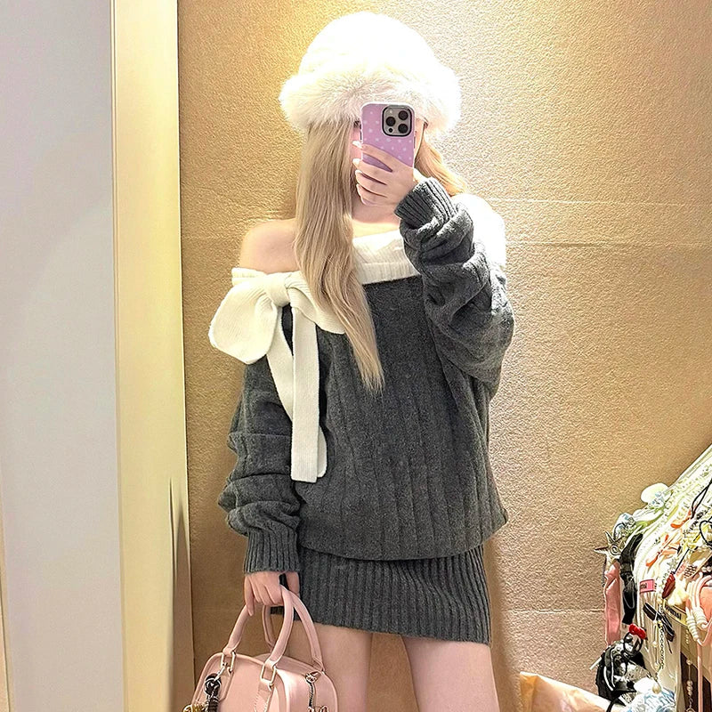 Sweet Bow Knitted Mini Dress