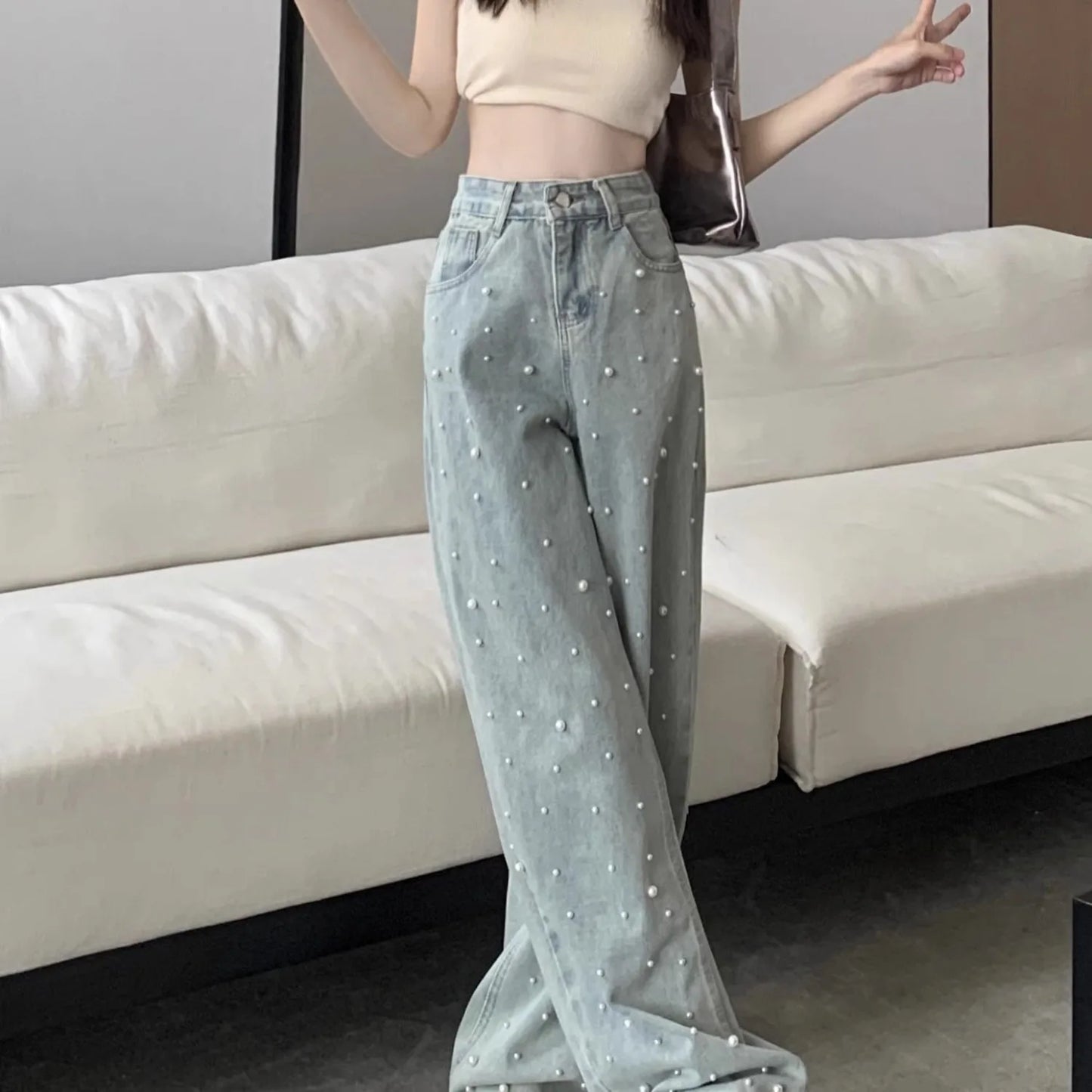 High Waist Straight Blue Beaded Pearls Denim Pants