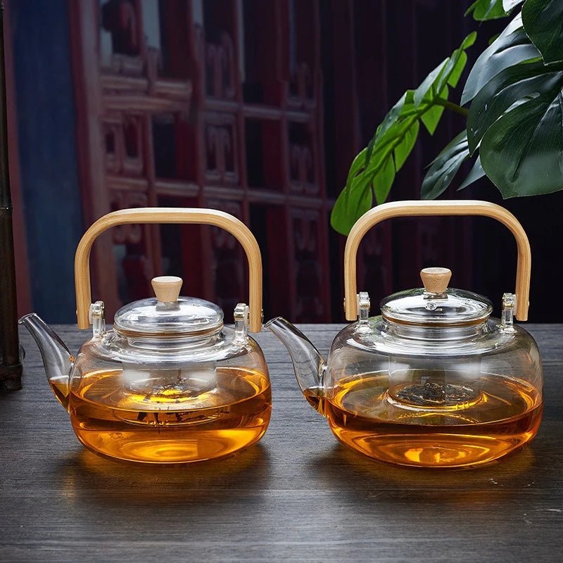 High Borosilicate Glass Chinese Tea Ceremony Clear Teapot with Filter Wood Handle