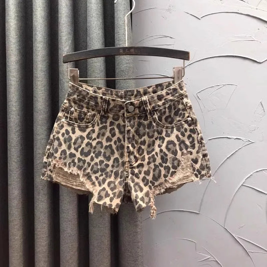 Leopard Print High Waist Denim Shorts